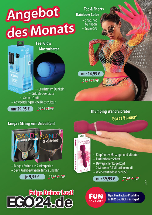 Werbung für EGO24 mit farbenfroher Kleidung, Masturbatoren, Vibratoren und Unterwäsche.