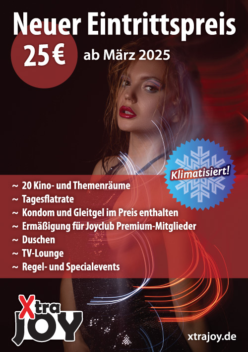 Frau mit nachdenklicher Miene, schwarze Kleidung, roter Hintergrund, Text über Eintrittspreise.