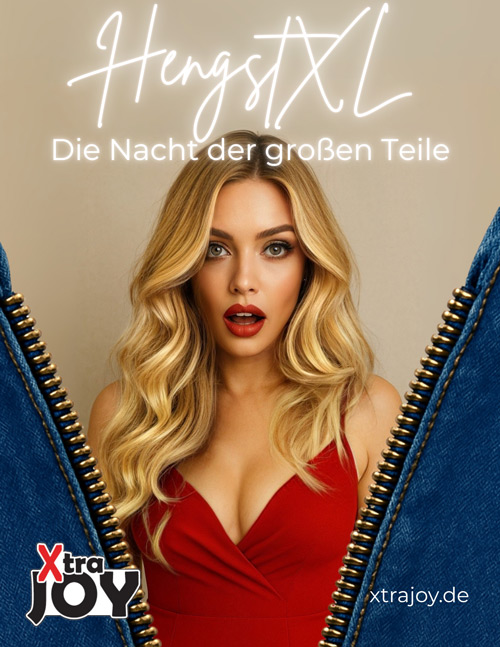 Blonde Frau in rotem Kleid, überrascht, eingerahmt von dunkelblauer Jeans.