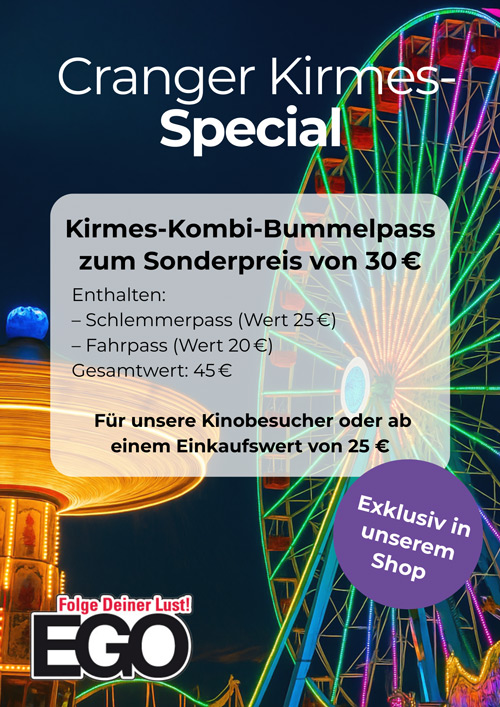 Ein Plakat für das Cranger Kirmes-Special mit bunten Lichtern eines Riesenrads.