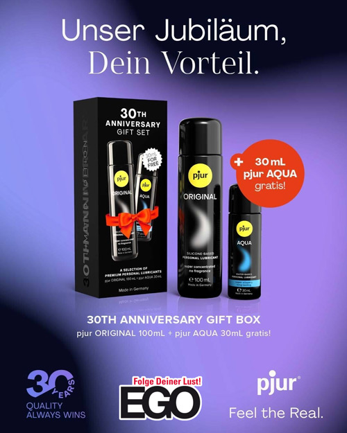 Eine schwarze Box mit pjur-Produkten, darunter "Original" und "Aqua".