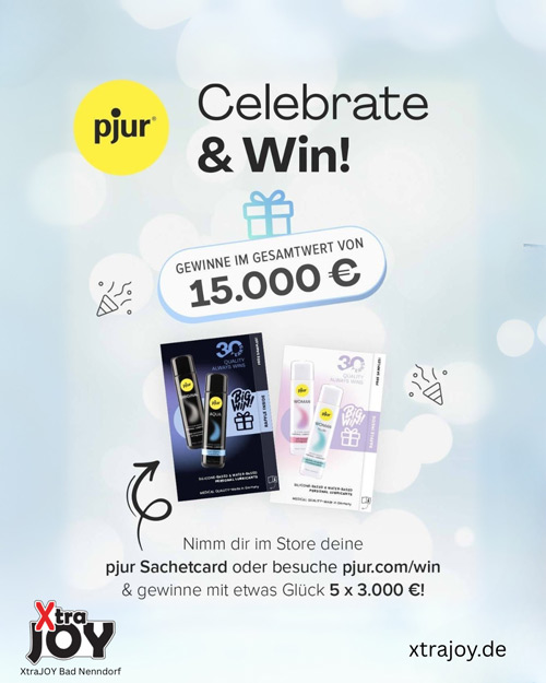 Blau-weiße Werbegrafik mit Text über ein Gewinnspiel von pjur.