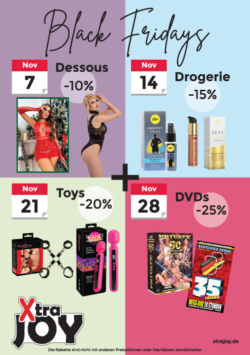 Zwei Frauen in verführerischer Dessouskleidung links, rechts Drogerieprodukte, unten Sexspielzeuge und DVDs, alle Bereiche bunt und auffällig gestaltet