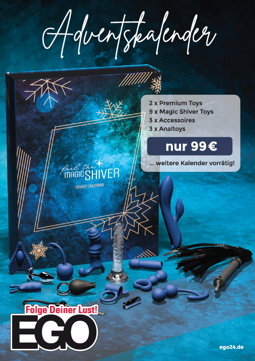 Ein Adventskalender mit blauer Verpackung zeigt zahlreiche dunkelblaue Liebesspielzeuge