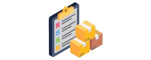 Ein Klemmbrett mit Checkliste steht neben mehreren gestapelten braunen Paketen