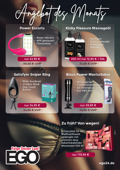 Werbeplakat fuer erotische Produkte mit Angeboten des Monats in Pink und Schwarz